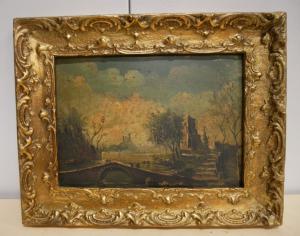 Paisaje fluvial. Pintura antigua al óleo